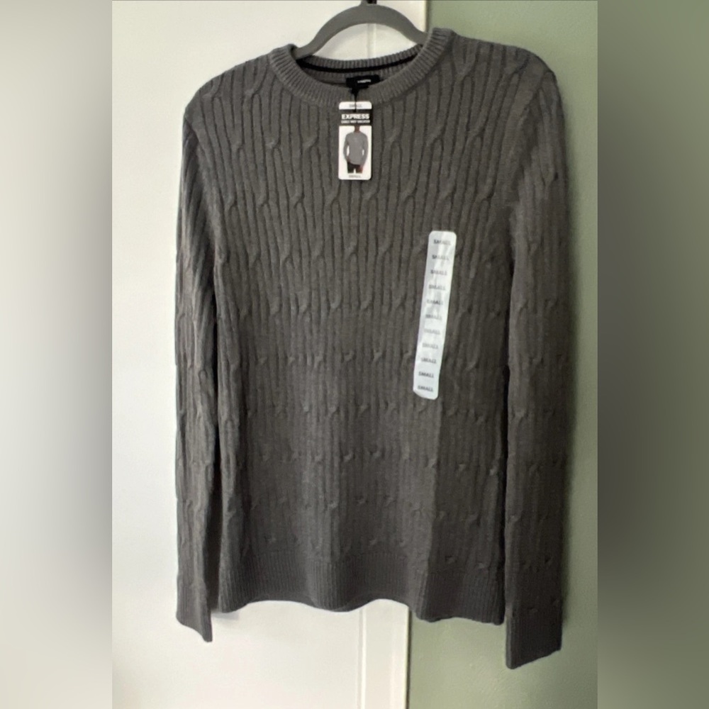NWT Express 100% Cotton Crew Neck Cable Knit Sweater Gray SM Fall Winter Wshbl.